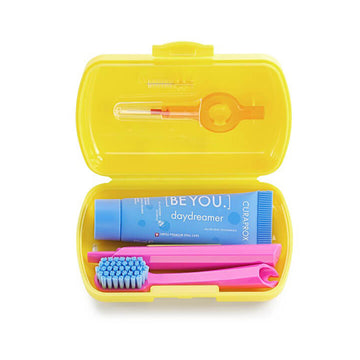 Curaprox Travel-Set Yellow. Set includes Travel Toothbrush CS 5460, 10ml Be You Toothpaste, Interdental Brush CPS prime 07, CPS prime 09.